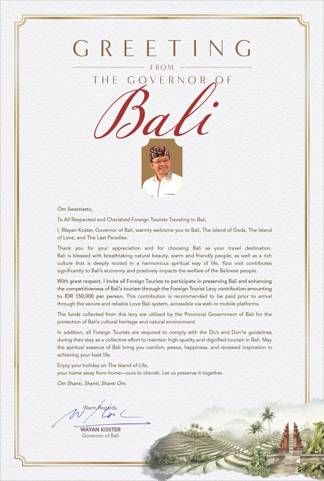 Surat Sambutan Resmi Gubernur Bali - Imbauan Pungutan Wisatawan (Love Bali)